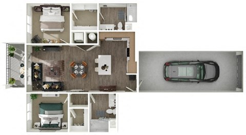 a 3d rendering of a floor plan with a car